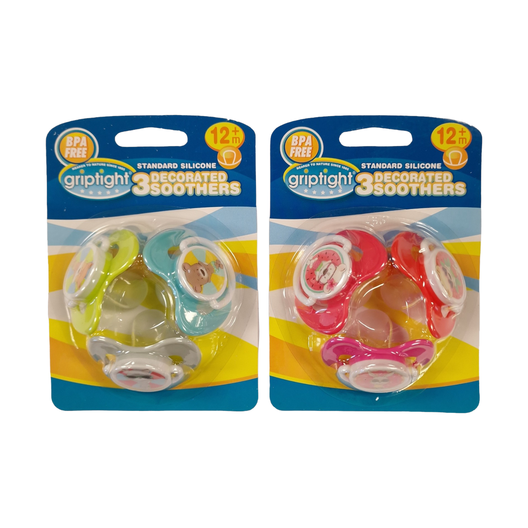 Griptight Decorated Std Soothers 12m+ (Colours may vary)