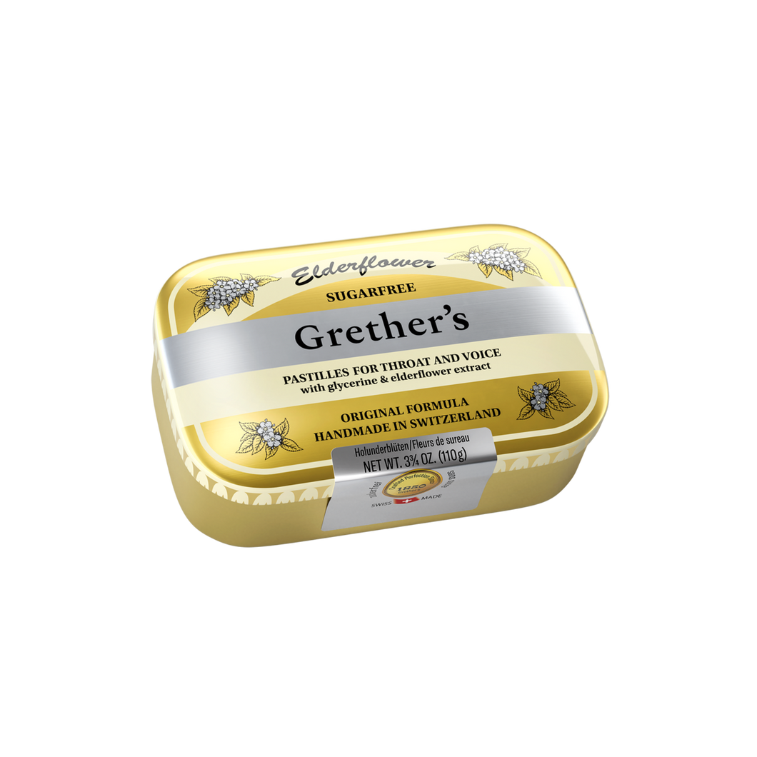 Grether's pastilles tin showing authentic Swiss throat lozenge packaging